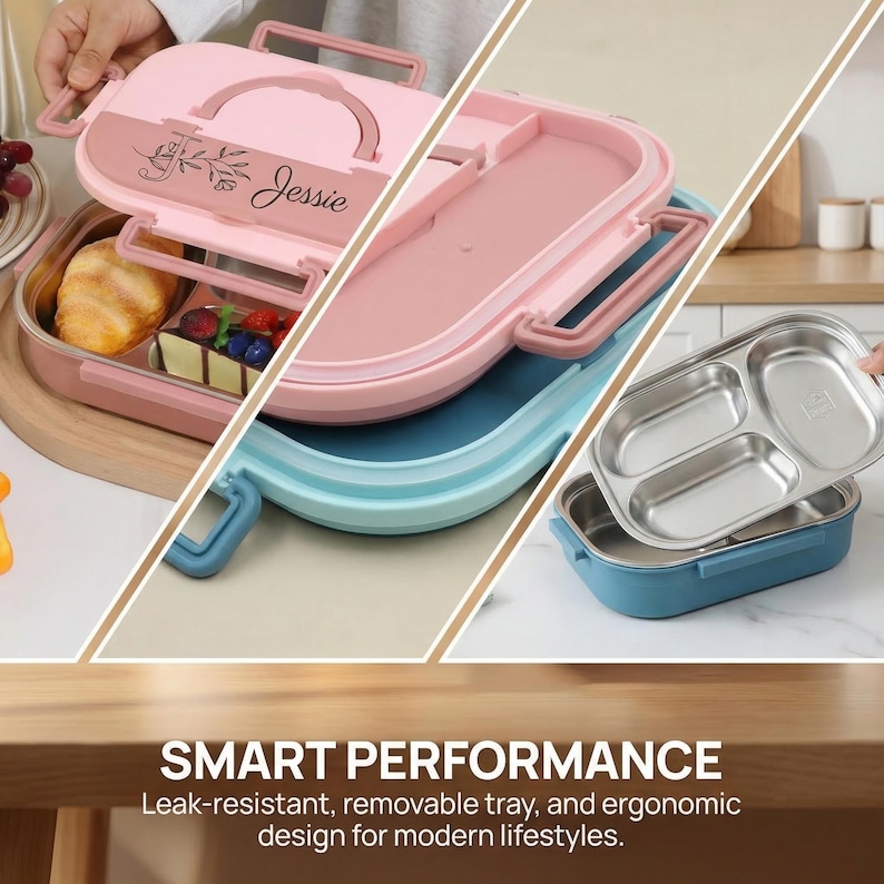May include: A pink and blue lunch box with a handle and a removable stainless steel tray. The lunch box has the name "Jessie" printed on the lid. The image also includes the text "SMART PERFORMANCE".