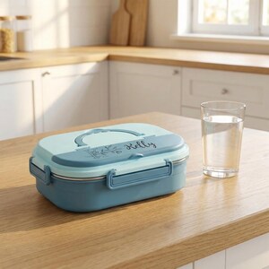 May include: A two-tone, blue and light blue lunch box with a handle and a metal clasp. The lid has the name "Kelly" printed on it. A glass of water sits next to the lunch box on a wooden surface.