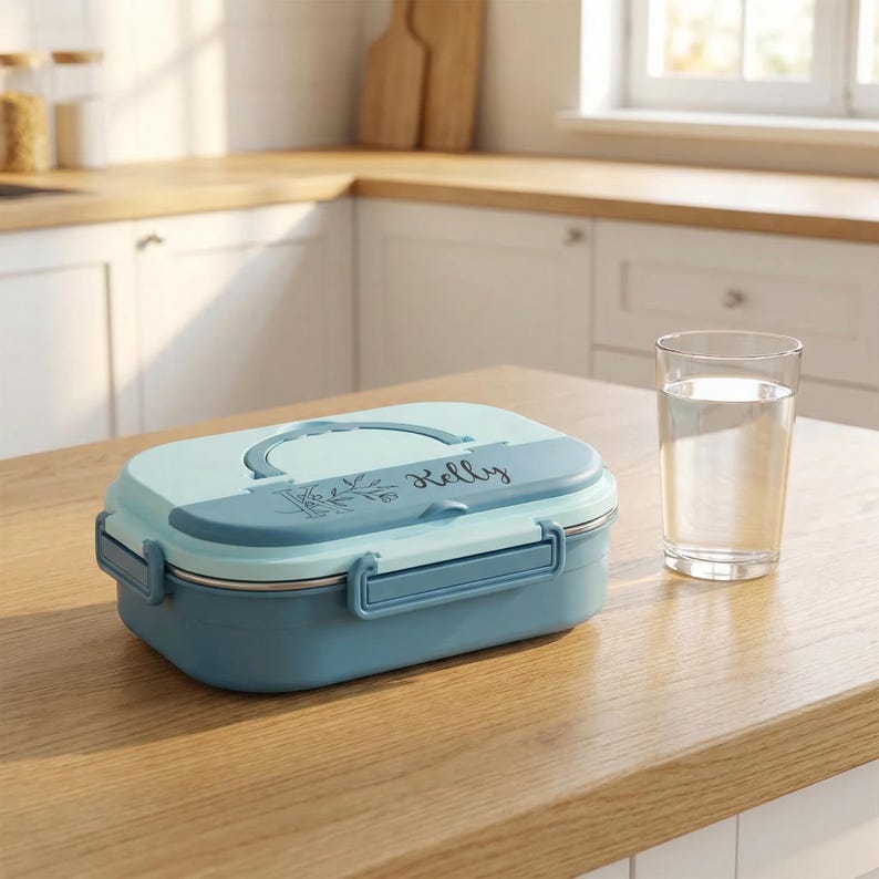 May include: A two-tone, blue and light blue lunch box with a handle and a metal clasp. The lid has the name "Kelly" printed on it. A glass of water sits next to the lunch box on a wooden surface.