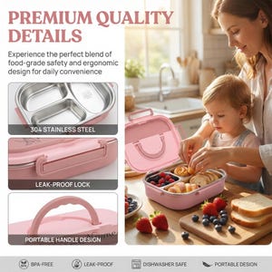 May include: Pink and stainless steel lunchbox with a handle, featuring three compartments. The image highlights the features: 304 stainless steel, leak-proof lock, and portable handle design. The text says "Premium Quality Details".