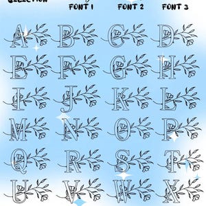 May include: A chart displaying font options for personalized items. The image shows the alphabet in three different fonts, each letter adorned with floral line art. Text at the top reads "Font Selection" and "Emily" with font numbers. The background is a gradient of light blue.