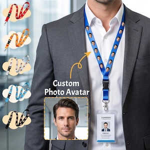 May include: A blue fabric lanyard featuring a repeating custom photo avatar pattern, a black plastic buckle, and a metal swivel hook holding a clear plastic ID badge holder with a company identification card inside, displayed on a suit jacket.