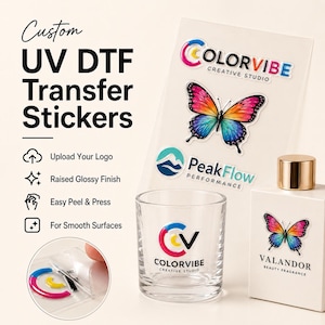 Custom UV DTF Transfer Stickers | Personalized Logo Decals | Glossy 3D Crystal Stickers for Cups Jars Packaging Small Business