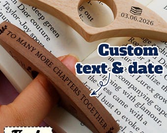 Suporte de páginas de madeira personalizado, suporte de livro de polegar personalizado, presente gravado para amantes de livros, ferramenta de leitura com uma mão, madeira de tília ou eucalipto.