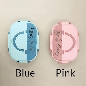 May include: Two personalized lunch boxes, one light blue and blue, the other pink and rose. Each box has a handle, a floral design, and the name "Emily" in script. The word "Blue" and "Pink" are written below the boxes.