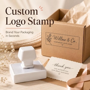 May include: A white rectangular custom logo stamp sits next to a brown cardboard box featuring a Willow & Co. logo and a thank you card with the text thank you FOR SUPPORTING OUR SMALL BUSINESS. The text Custom Logo Stamp Brand Your Packaging in Seconds is visible.