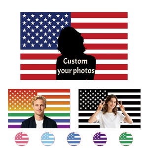 Könnte beinhalten: Ein Bild mit der amerikanischen Flagge, einer Silhouette und dem Text "Custom your photos". Darunter befinden sich Bilder von Personen mit Flaggen in verschiedenen Farben und Designs.