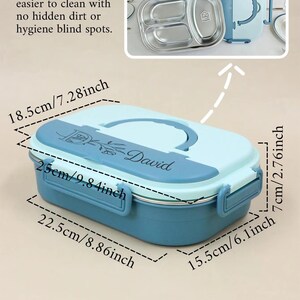 May include: A blue and light blue lunch box with a handle, measuring 9.84 inches long, 8.86 inches wide, and 2.76 inches high. The lid has the name "David" and a decorative design. The built-in tray is detachable.