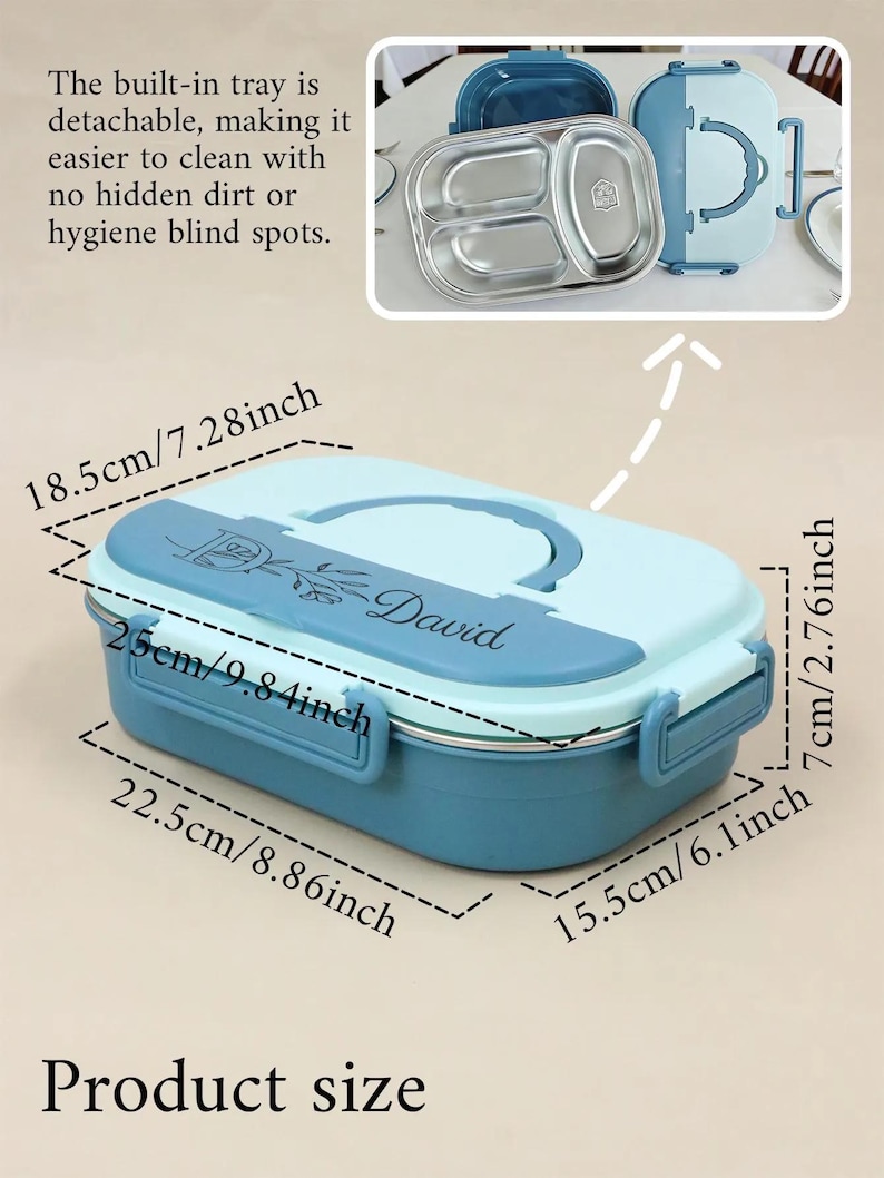 May include: A blue and light blue lunch box with a handle, measuring 9.84 inches long, 8.86 inches wide, and 2.76 inches high. The lid has the name "David" and a decorative design. The built-in tray is detachable.
