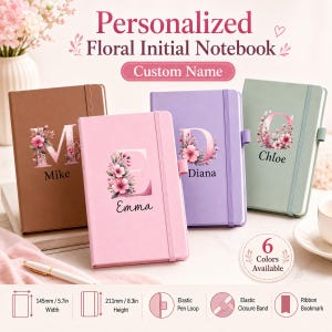 May include: Four personalized notebooks in brown, pink, purple, and light green, each featuring a large floral initial and a custom name. The notebooks include an elastic closure band, a pen loop, and a ribbon bookmark, measuring 5.7 inches wide by 8.3 inches high.