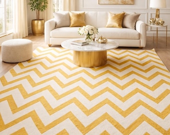 Yellow Chevron Tufted Rug, Modern Handmade Area Carpet, Luxury Decor
