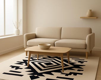 Handmade Tufted Wool Area Rug: Beige & Black Modern Design