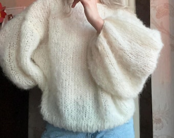 Hand gestrickter Alpaka Pullover | Milch weißer flauschiger Pullover, übergroßer gemütlicher Pullover