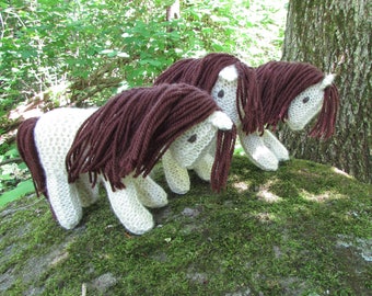 Horse, Pony Knit Wool Toy - white and brown natural waldorf stuffed animal