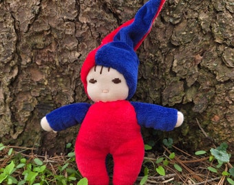 Waldorf Small Doll - wool and cotton baby doll - red blue - soft eco-friendly toy for baby or toddler