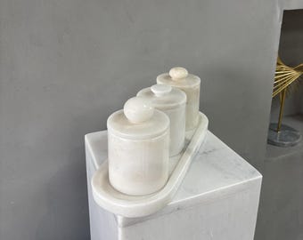 Travertine Spice Jar Set of 3, Natural Stone Seasoning Pot, Minimalist Marble Salt Cellar