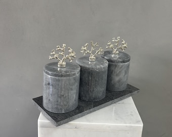 Juego de tarros de especias de mármol con bandeja / Contenedores de almacenamiento de cocina de piedra gris / Organizador decorativo de encimera