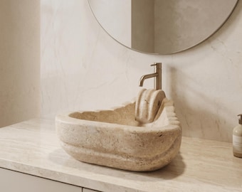 Handmade Heart Shaped Travertine Vessel Sink Natural Stone Countertop Basin For Luxury Bathroom Remodel