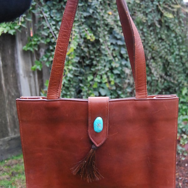 Vtg Brown Leather Handbag with Turquoise