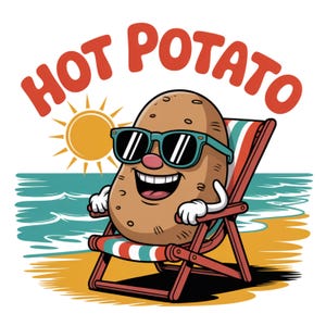 Puede incluir: Ilustración de una patata de dibujos animados con gafas de sol, relajándose en una tumbona en la playa. El texto "HOT POTATO" está encima. El sol y el mar completan la escena.