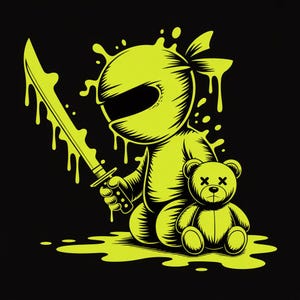 May include: A neon green illustration on a black background depicts a ninja character holding a sword, with a teddy bear beside it. The ninja is wearing a mask and headband. The sword and ninja are dripping with neon green paint.