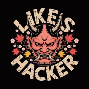 May include: A graphic design featuring a pink demon face with horns, fangs, and an angry expression. The text "LIKE HACKER" is arranged around the demon's head in a cracked, beige font. Red maple leaves and white flowers are also included.