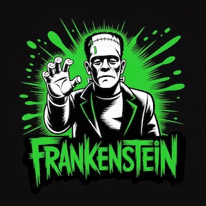 Puede incluir: Gráfico en blanco y negro del monstruo de Frankenstein con detalles en verde y la palabra "Frankenstein" en letras verdes estilizadas. El monstruo se representa con un efecto de explosión verde de fondo.