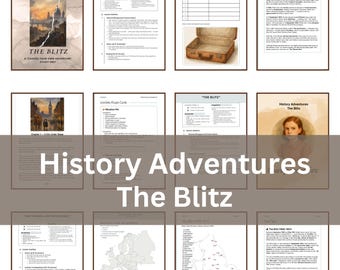 May include: A collection of educational materials titled "History Adventures The Blitz." The materials include a book cover with a cityscape and lightning, worksheets, maps, and illustrations. The overall theme is historical education.