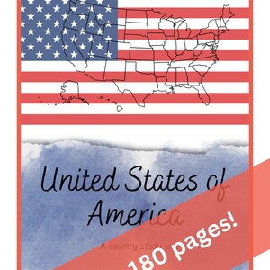 May include: A graphic featuring the United States flag and a map of the country. Below, text reads "United States of America" over a blue watercolor background, with "Over 180 pages!" in a red banner.