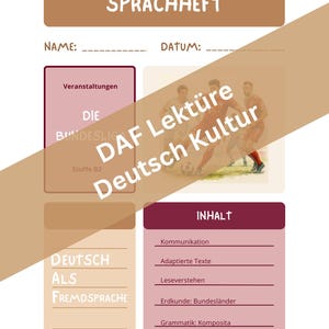 May include: A language learning workbook with the title "SPRACHHEFT" at the top. The workbook includes sections for name and date, and content related to German language and culture, including "DIE BUNDESLIGA" and "Deutsch Kultur."