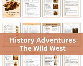 May include: A collection of educational materials titled "History Adventures The Wild West." The materials include study units, character sheets, and trail guides. The cover features a cowboy on horseback. The color scheme is primarily beige and brown.