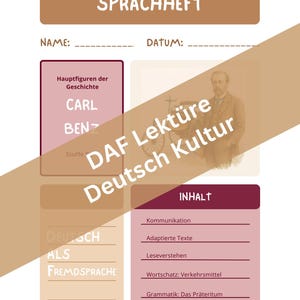 Könnte beinhalten: Ein Schulheft mit dem Titel "SPRACHHEFT" in Braun. Das Heft enthält Abschnitte für "NAME" und "DATUM" sowie Inhaltsbereiche wie "Hauptfiguren der Geschichte" und "INHALT". Es ist für den Deutschunterricht konzipiert.