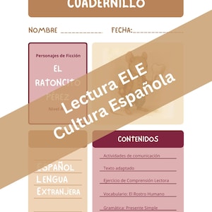 Könnte beinhalten: Ein spanisches Arbeitsbuch mit dem Titel "CUADERNILLO". Es enthält Abschnitte für "NOMBRE" und "FECHA". Das Arbeitsbuch enthält Inhalte für "Lectura ELE Cultura Española" und "El Ratoncito Pérez".