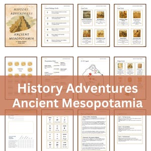 May include: Educational resources titled "History Adventures: Ancient Mesopotamia." The materials include cards, worksheets, and a study unit cover with a ziggurat illustration. The colour scheme is primarily beige and brown.