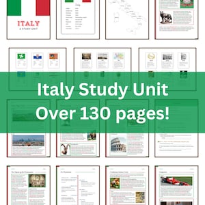 Op de afbeelding: Een educatieve bron over Italië, met de Italiaanse vlag, een kaart en diverse informatiepagina's. De titel "Italy Study Unit" wordt weergegeven, met de tekst "Over 130 pages!" eronder.