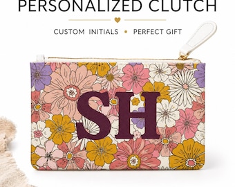 Personalized Floral Clutch Bag, Bridesmaid Gift, Custom Initial Pouch, Bachelorette Gift, Girls Trip Makeup Bag, Monogram  6.3x4.0 inches