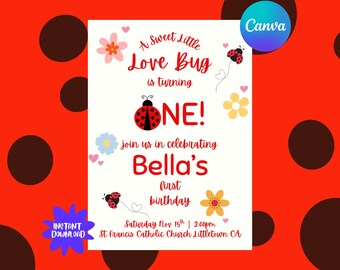 Ladybug First Birthday Invitation Template | Editable Canva 5x7 (Digital Download)