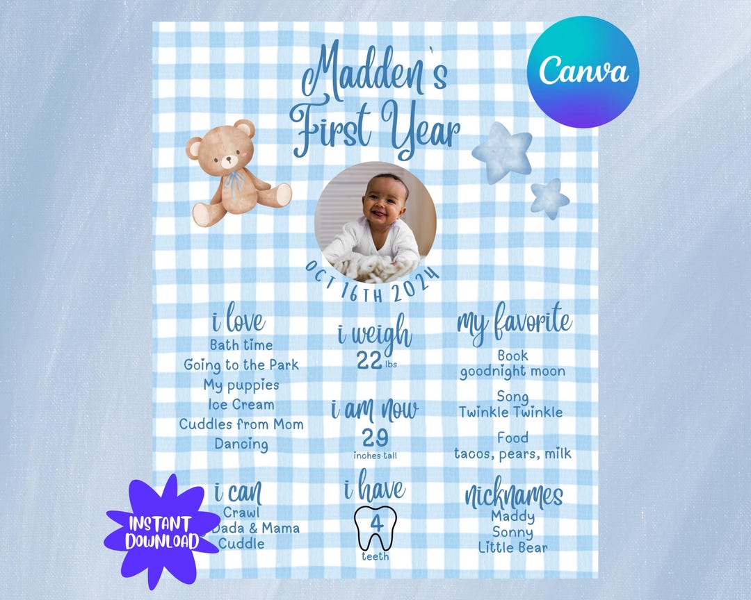Blue Gingham Teddy Bear Milestone Poster | Boy First Birthday Sign ...