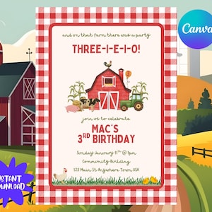 以下が含まれることがあります： 赤い納屋、トラクター、家畜が描かれた、農場をテーマにした誕生日招待状。「THREE-I-E-I-O！」と「MAC'S 3RD BIRTHDAY」の文字が入っています。デザインには赤と白のチェック柄のボーダーとCanvaのロゴが含まれています。