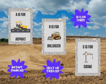 Könnte beinhalten: Lehrreiche Lernkarten mit Baumaschinen. Die Karten zeigen Illustrationen einer gelben Asphaltmaschine, eines Bulldozers und eines Krans. Der Text enthält "A is for Asphalt", "B is for Bulldozer" und "C is for Crane". Das Bild zeigt auch "26 Flash Cards", "Instant Download" und "Great for Toddlers!"