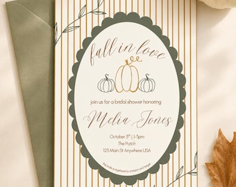 May include: A rectangular bridal shower invitation card featuring a white background with vertical gold stripes and a central dark green scalloped oval frame. The text reads fall in love, join us for a bridal shower honoring Melia Jones, October 3rd, 1-3pm, The Patch, 123 Main St Anywhere USA, and the bride is registered at amazon and target.