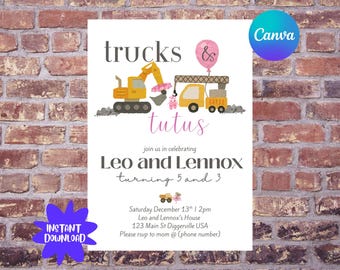 Trucks and Tutus Birthday Invitation Joint Birthday Party Invite Boy Girl Birthday Canva Template Editable Instant Download Truck Tutu Theme