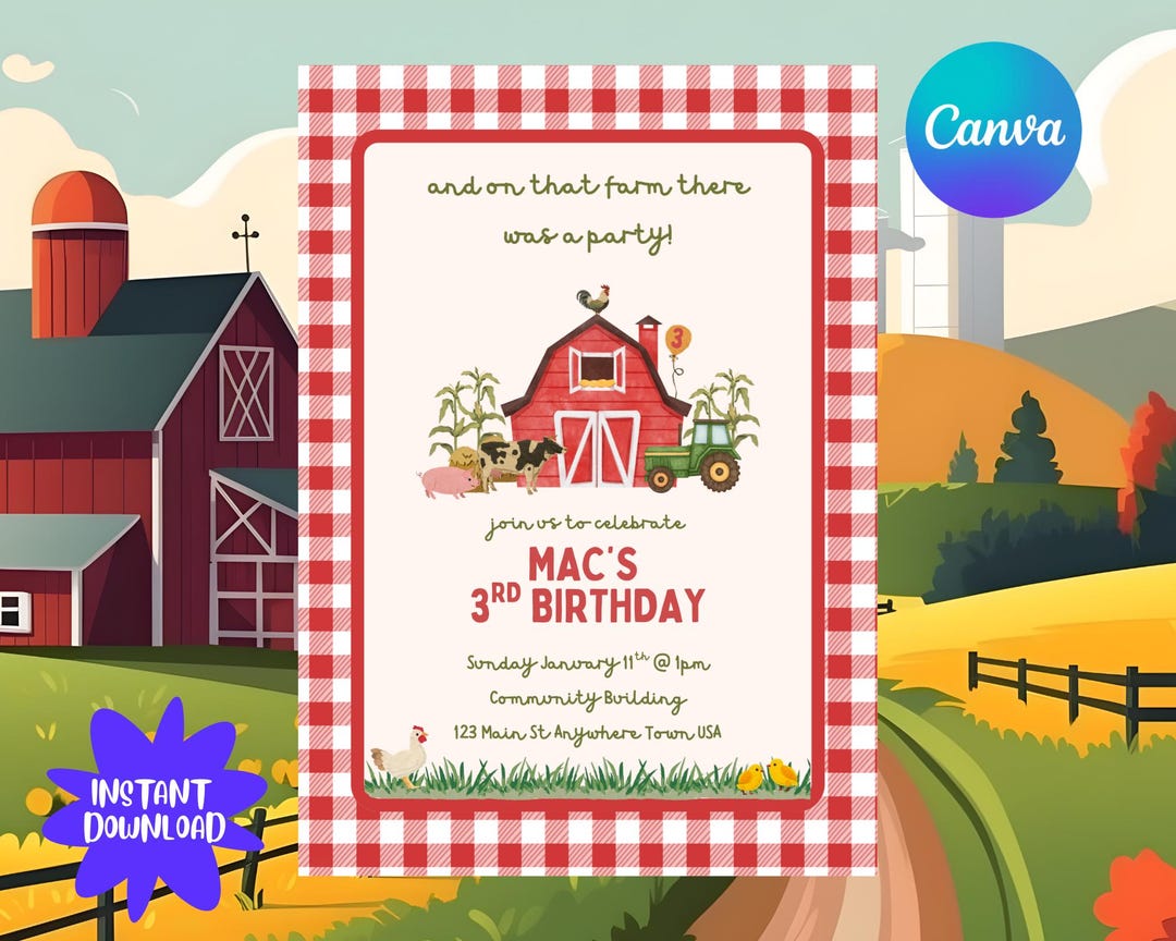 Farm Birthday Invitation Any Age, Red Barn Party Invite 5x7, Barnyard ...