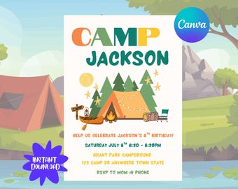 Camping verjaardagsuitnodiging elke leeftijd, zomerkamp feestuitnodiging jongen meisje, één Happy Camper-thema, bewerkbare canvas afdrukbare sjabloon
