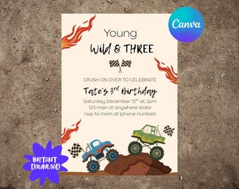 Monster Truck Birthday Invitation Boy Any Age, 3rd Birthday Racing Party Invite, Race Car Truck Theme, Editable Canva Printable Template