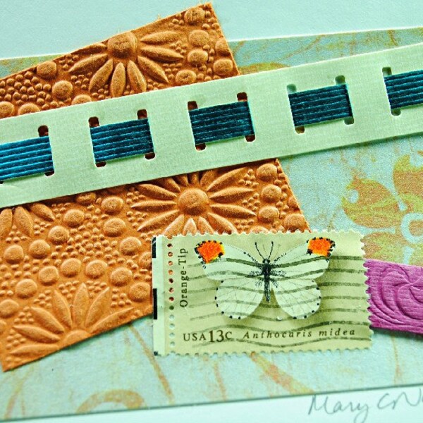 Butterfly With Orange & Blues Collage Fine Art Greeting Card