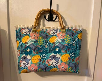 Handcrafted Lilo & Stitch inspired  tote style handbag made with Disney fabric 10.5"x8.25"x4", fully lines, bamboo handles