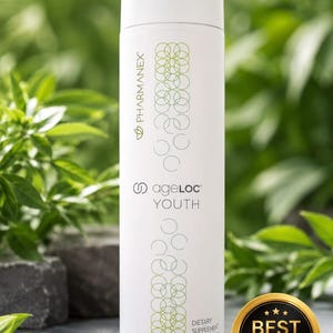 May include: A white cylindrical bottle of Pharmanex ageLOC Youth dietary supplement containing 120 capsules. The bottle features a vertical design of interconnected green circles, the Pharmanex logo, and the text ageLOC YOUTH printed in black.