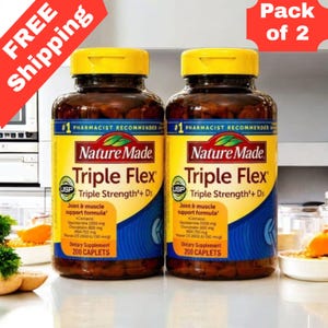 May include: Two amber plastic bottles of Nature Made Triple Flex Triple Strength plus D3 dietary supplement caplets. Each bottle features a yellow cap, a yellow and blue label with text including 200 caplets, and joint and muscle support formula.