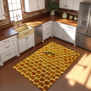 Honeycomb & Bee Kitchen Rug  Realistic Honey Gold Farmhouse Decor  Rustic Botanical Study Mat  Soft, Non-Slip, Washable Nature Rug